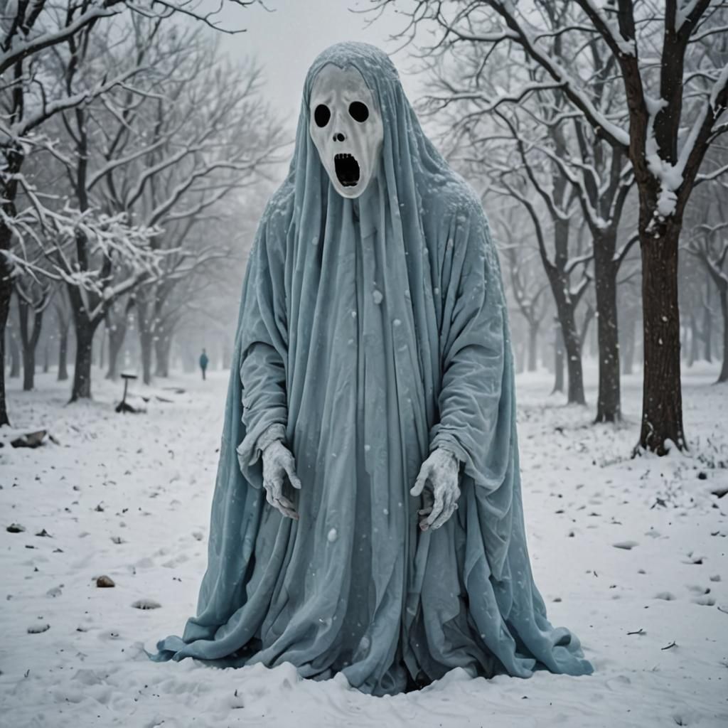 Scared Person and Ghost in Snow with Contrasting Colors