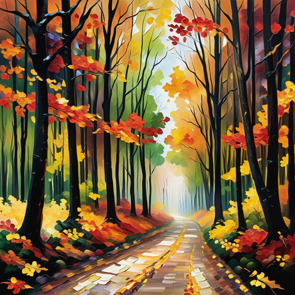 Vibrant Autumn Forest Path in Impressionist Style