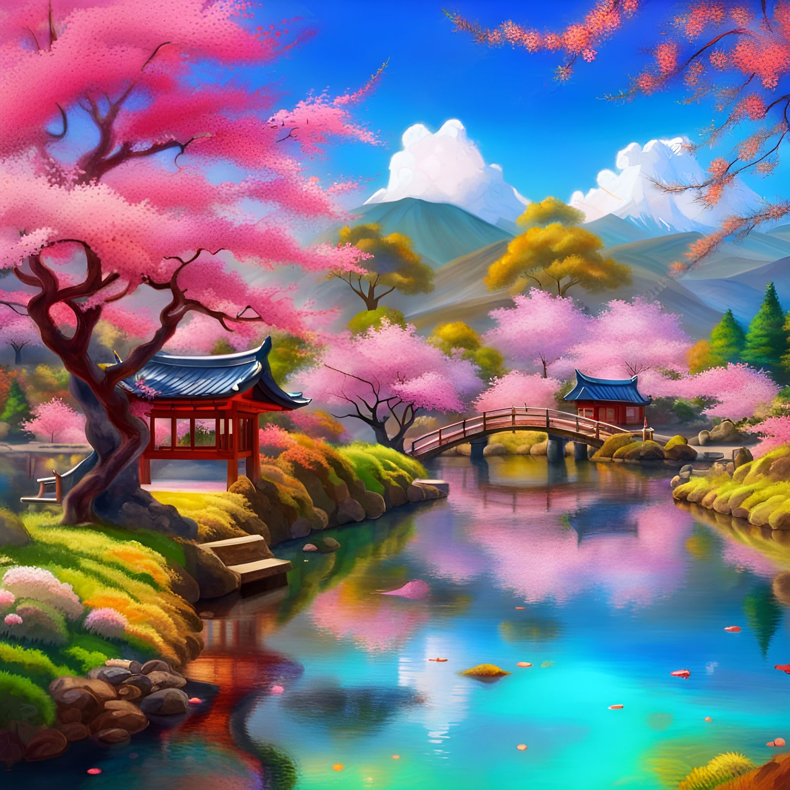 Japanese Garden in Vibrant Fantasy Oil Painting