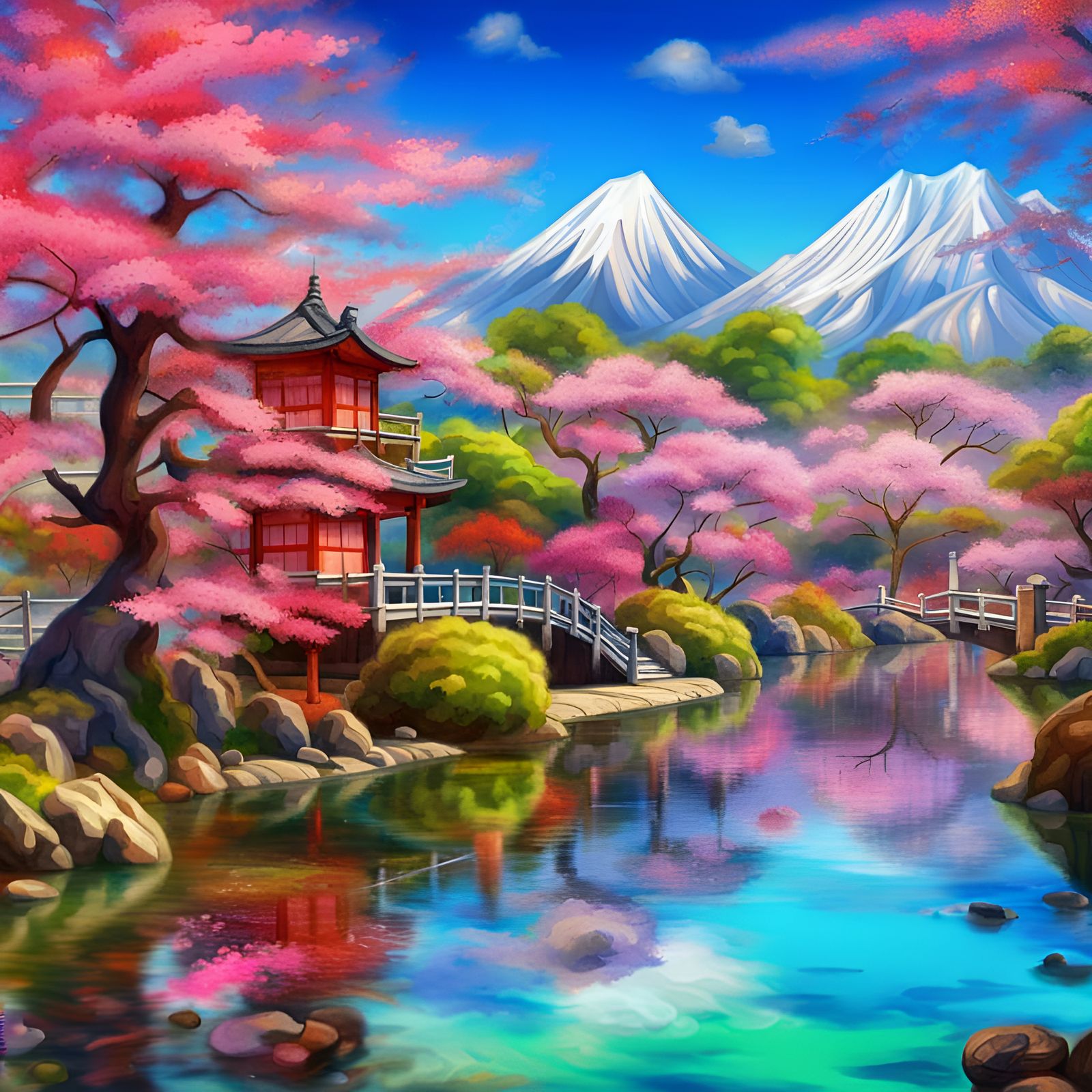 Japanese Garden in Vibrant Fantasy Oil Painting