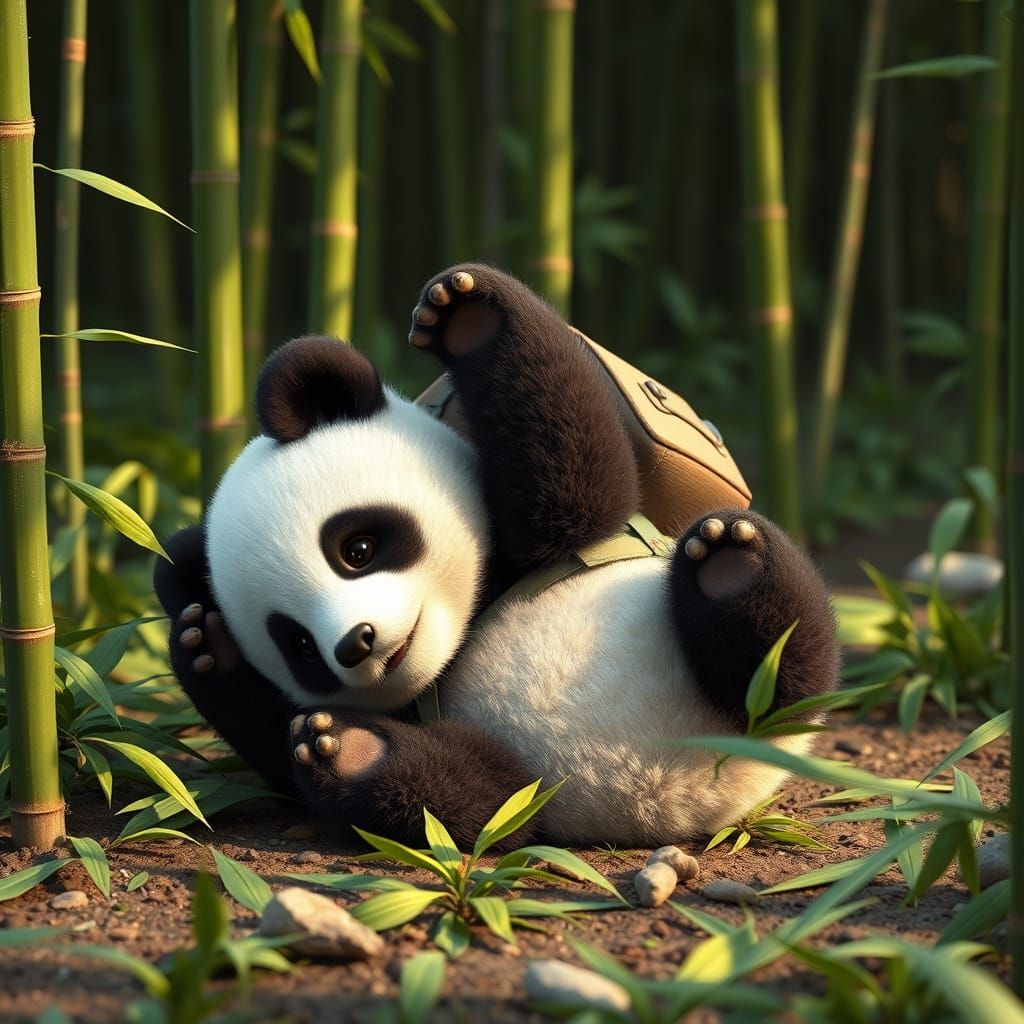 Panda Cub Rolling in Bamboo Forest, 3D Anime Art