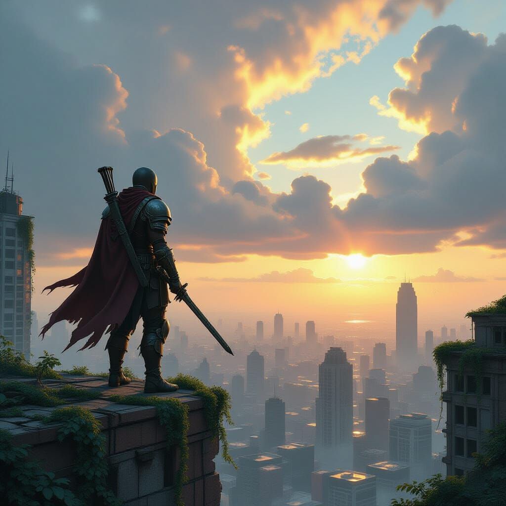 Overgrown Cityscape: A Warrior's Vigil