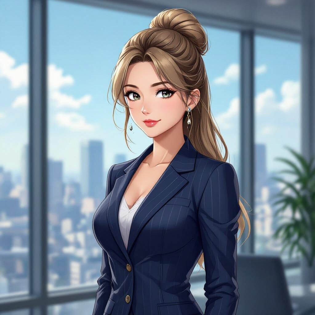 Anime Professional Woman in Navy Business Suit