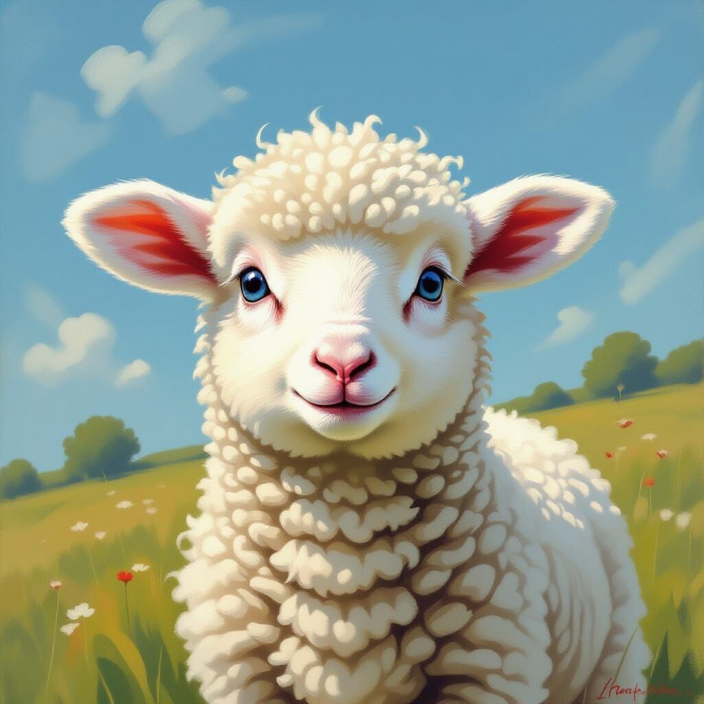 Fluffy Blue-Eyed Lamb in Dreamy Pastoral Style