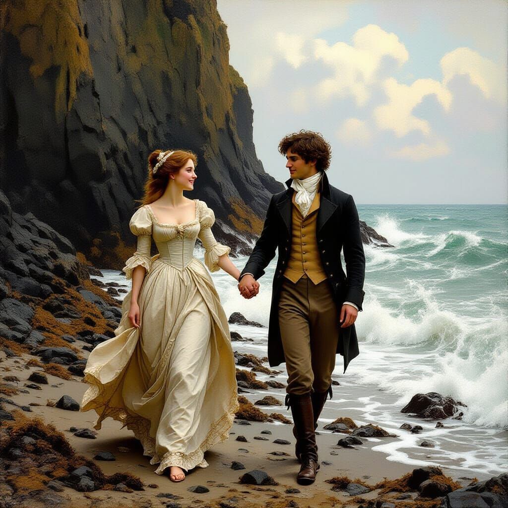 Regency Romance on a Rocky Shore in Pre-Raphaelite Style