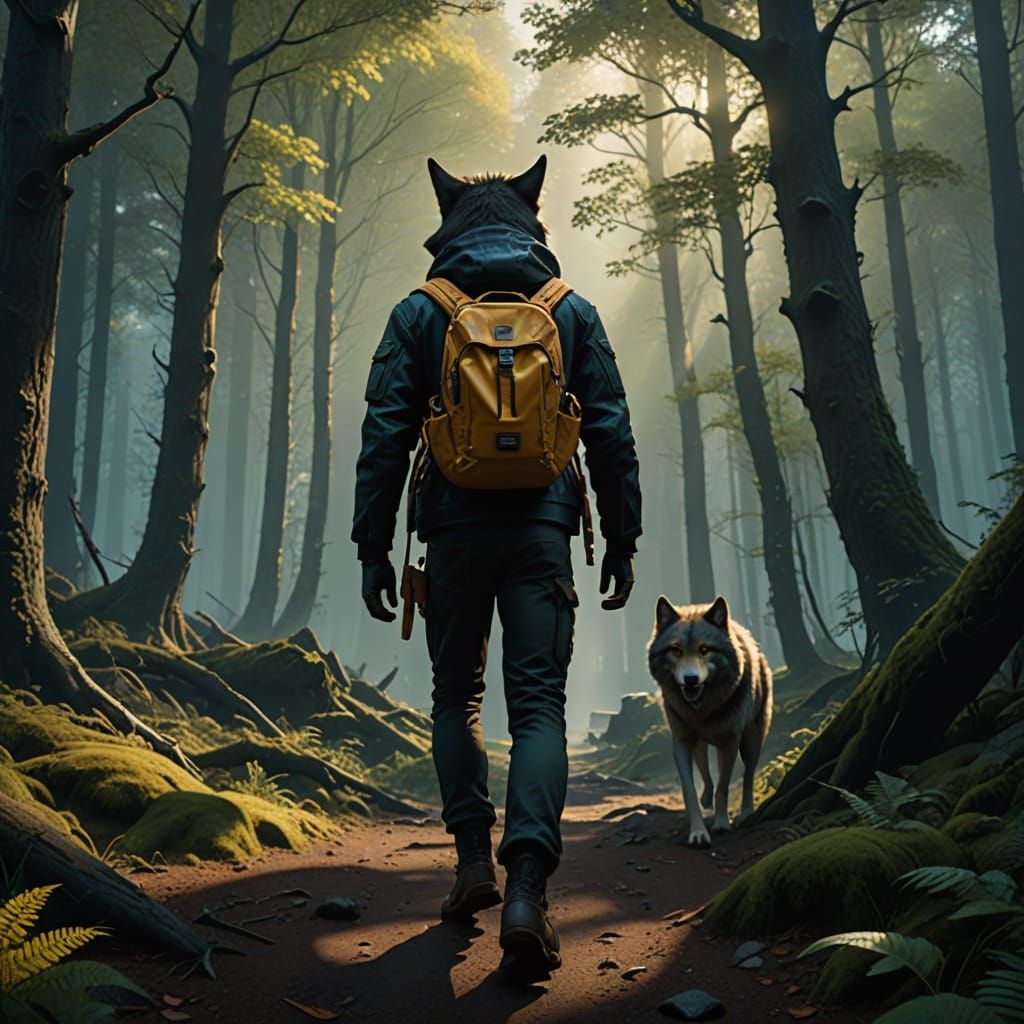 Ethereal Fantasy Boy Flees Wolf-Like Beast in Misty Forest