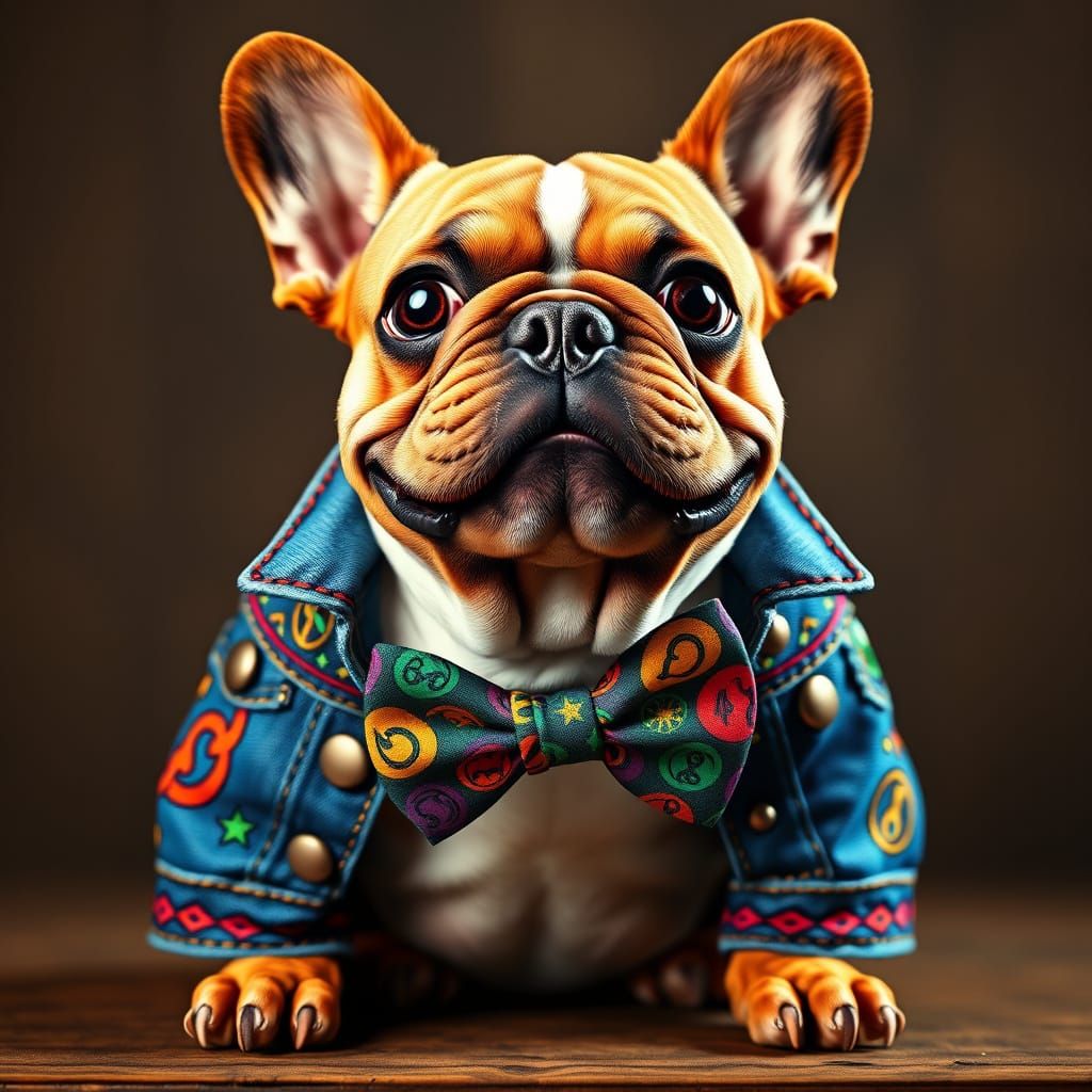 French Bulldog in Whimsical Jean Jacket with Oversized Bow T...