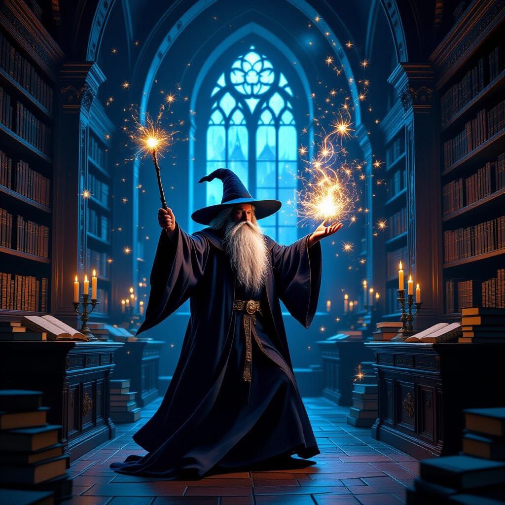 Wizard Conjuring Magic in Ancient Library