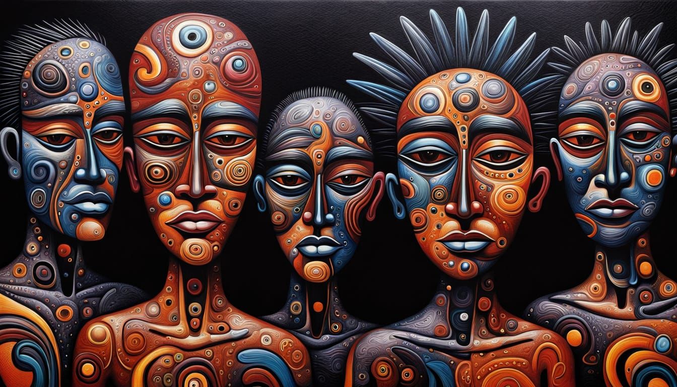 Abstract Aboriginal Surrealist Art: Dark Whimsical Faces in ...