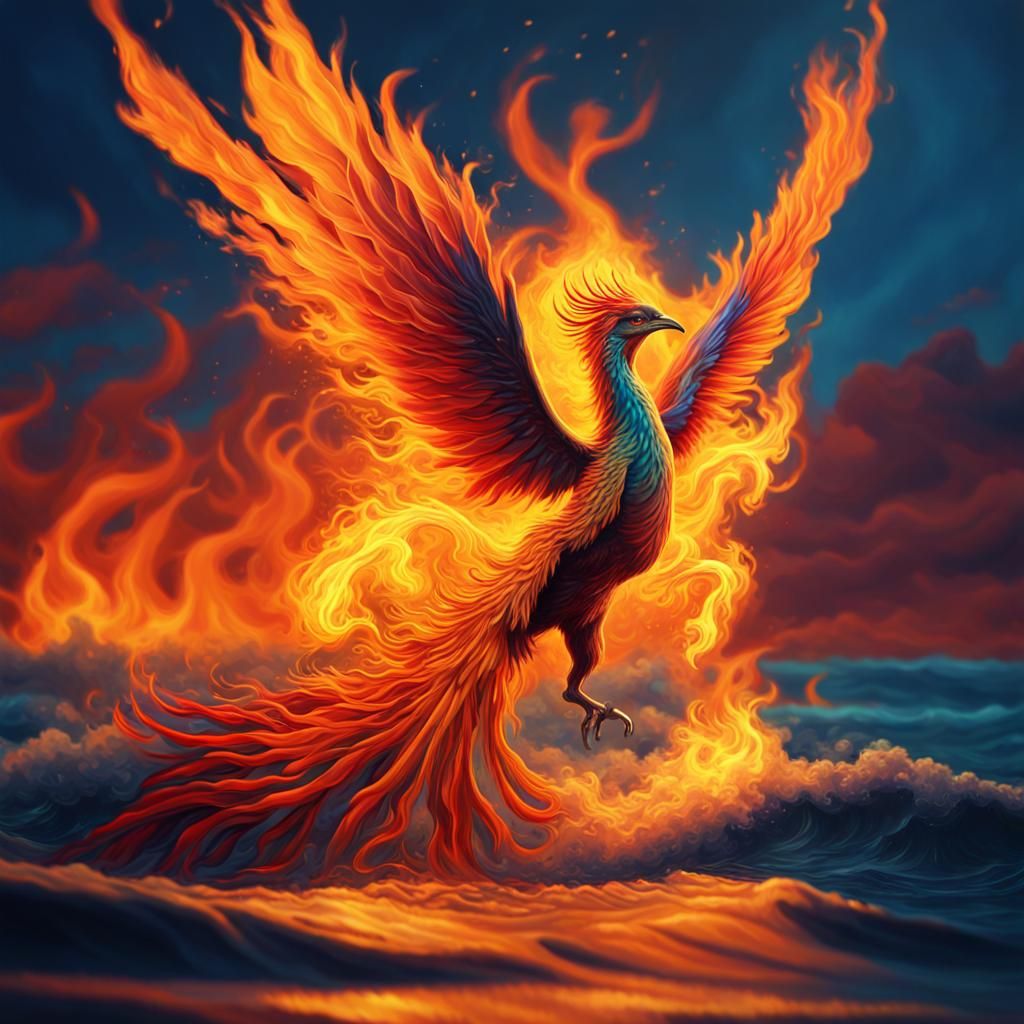 Flaming Phoenix Ignites Fiery Sea: Surreal Digital Art