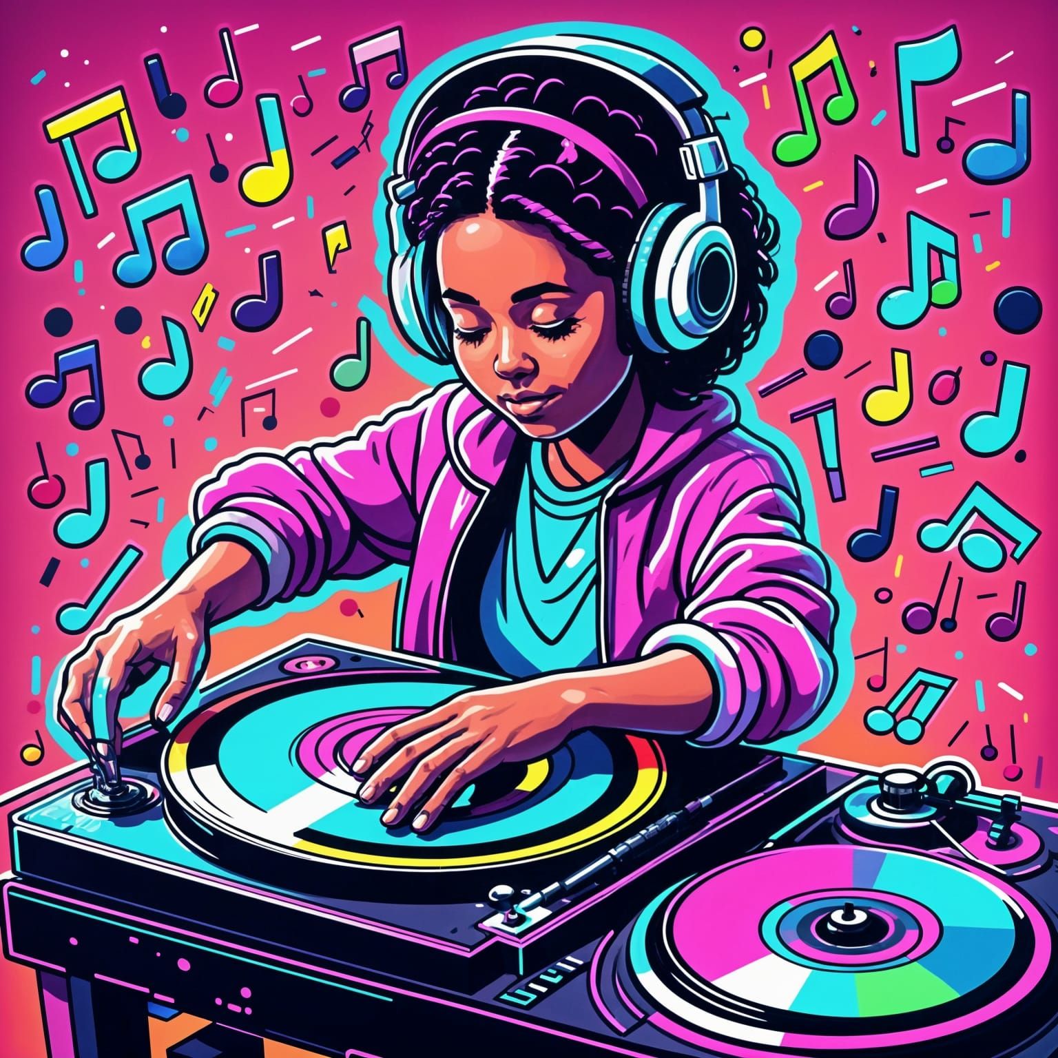 Funky 3D Vinyl Record with Neon Music Notes