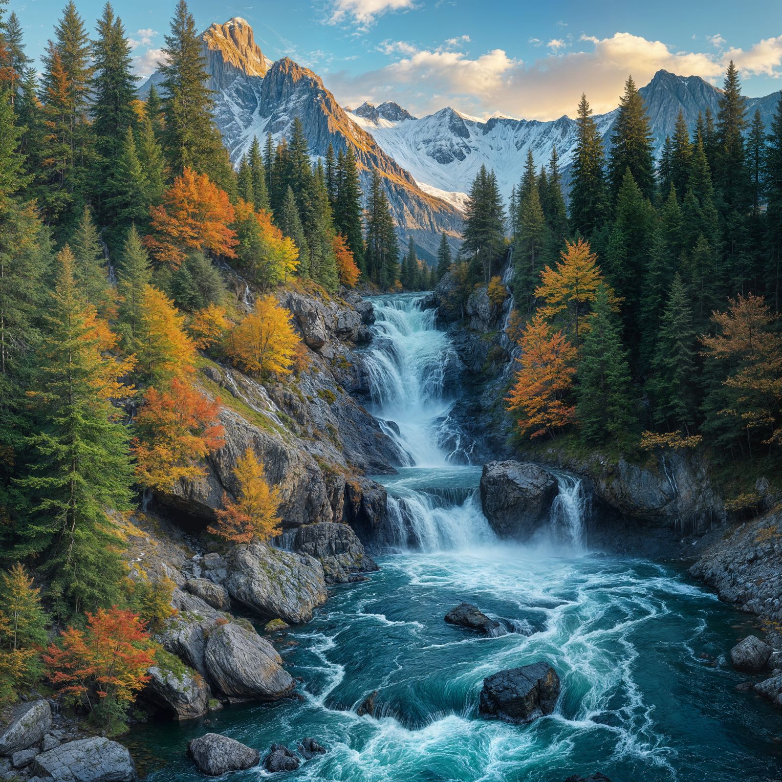 Alpine Waterfall Painting with Autumn and Winter Colors