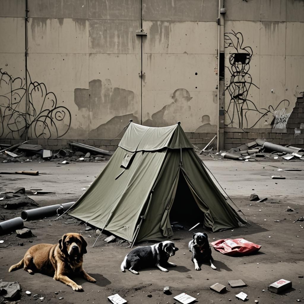 Surreal Street Art Scene with Tent and Dog