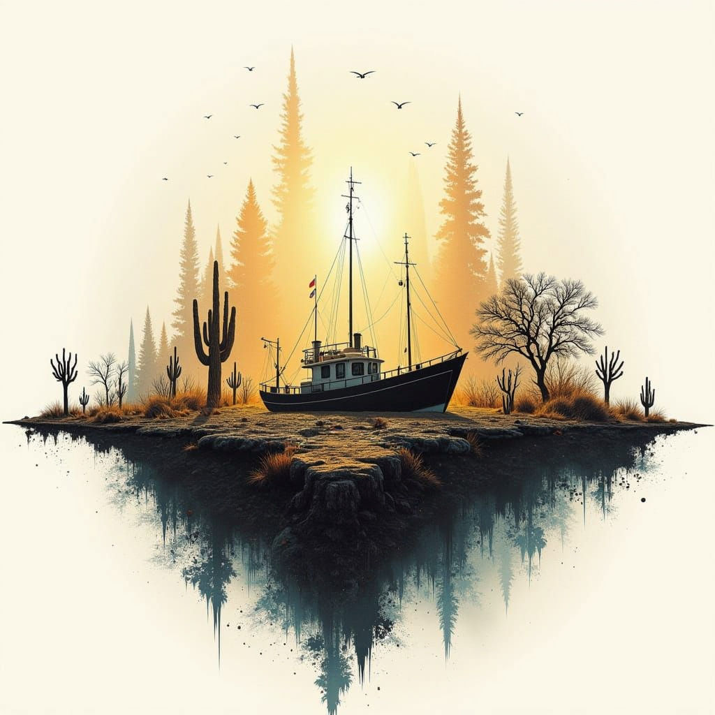 Surreal Double Exposure Rattlesnake Boat Silhouette