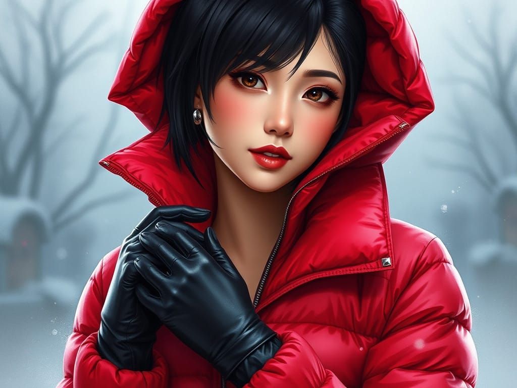 Glamour Portrait of a Woman in Red Puffy Jacket, Inspired by...