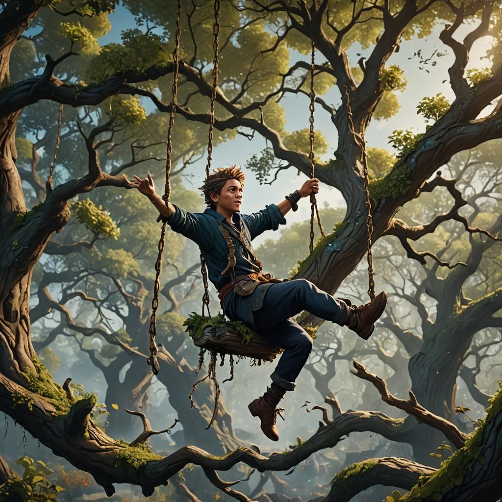 Child's Joy: Swinging on a Tree Branch