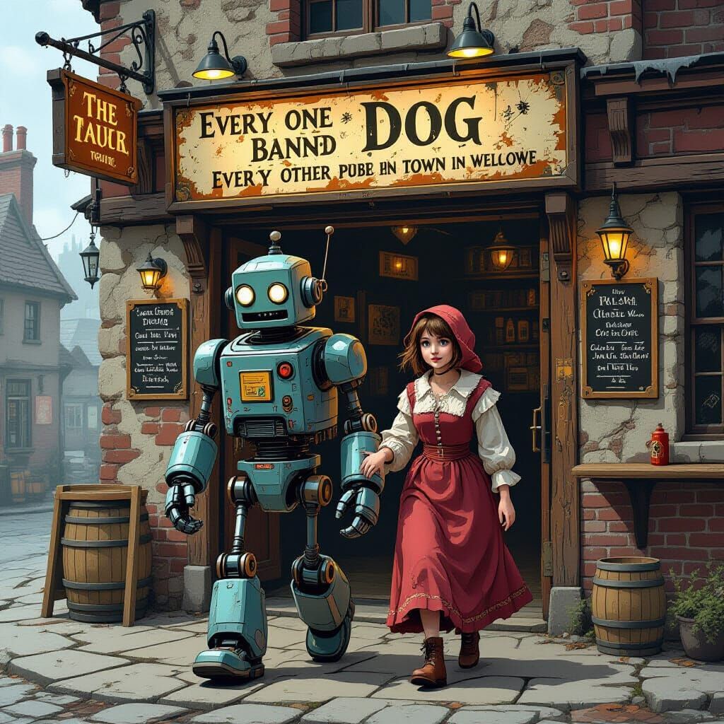 Dystopian Robot Couple Enter Old English Pub