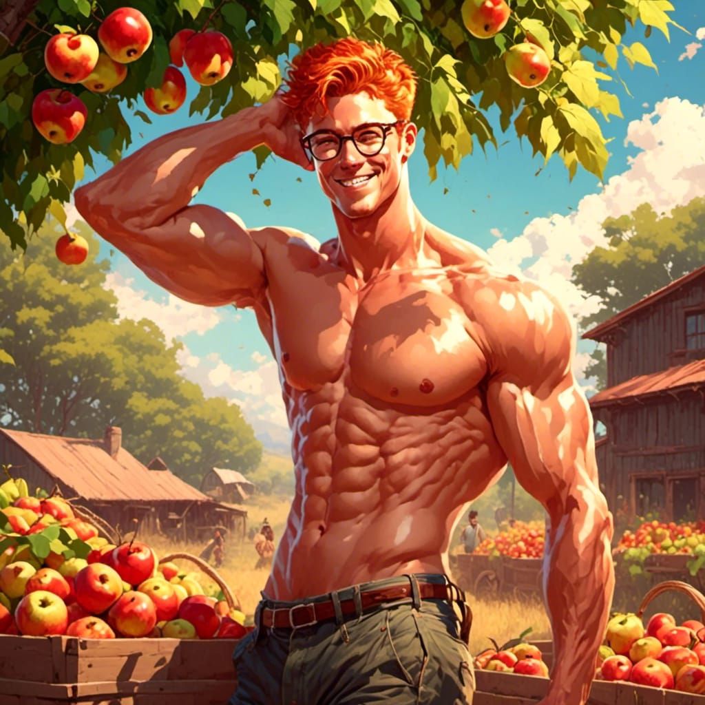 Redhead Farmer Happily Surveys Apple Harvest