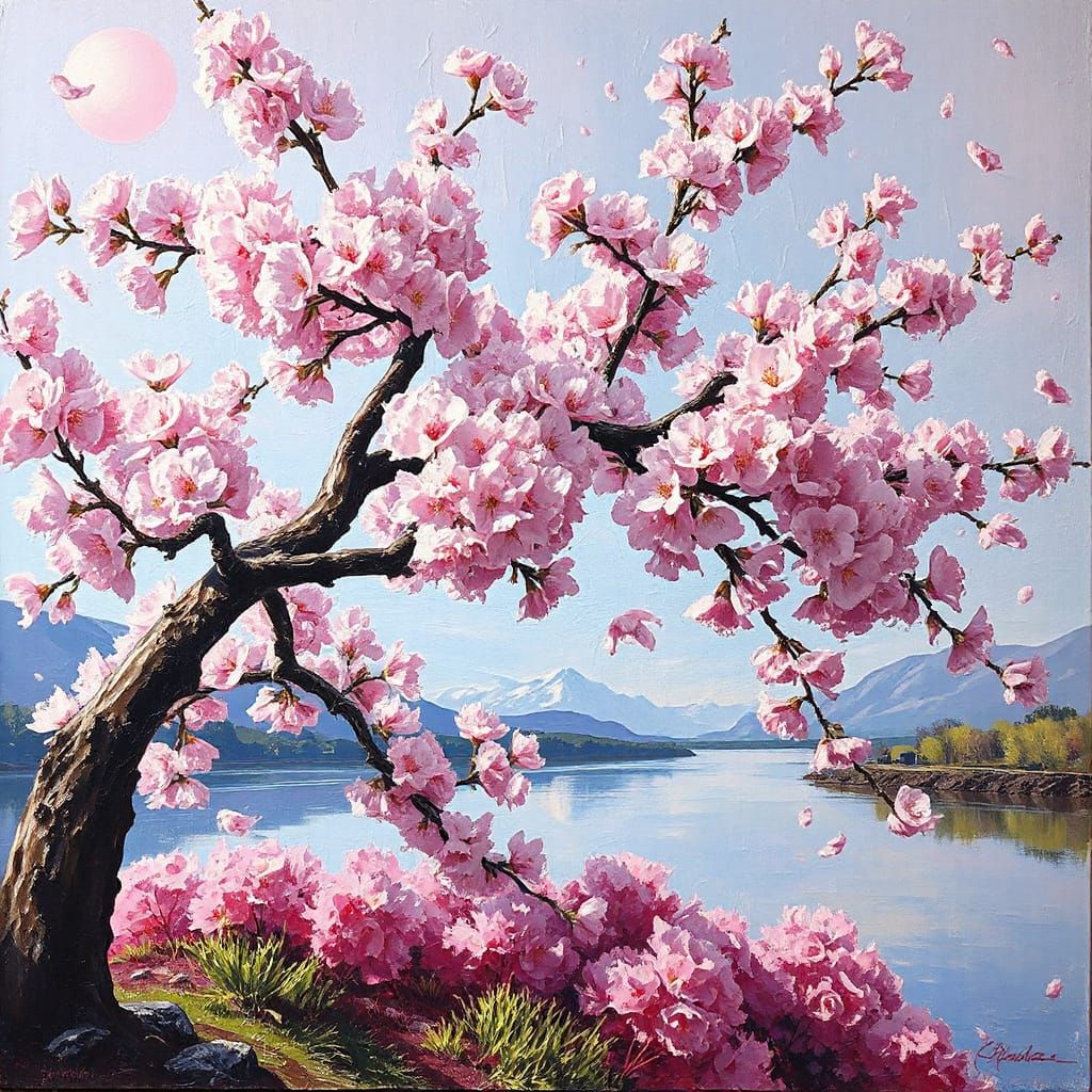 Pink Cherry Blossom Impasto Acrylic Painting