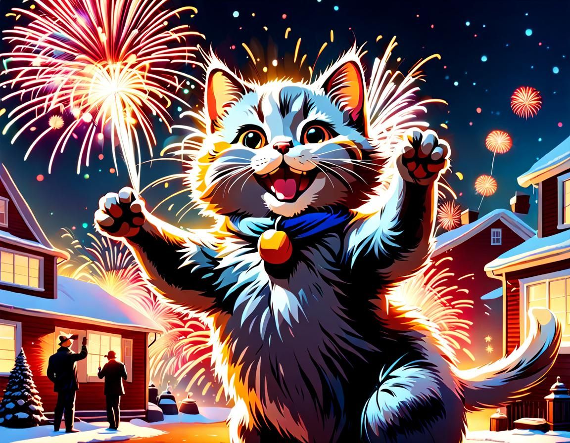 Hyperrealistic New Year's Cat Celebration in Rockwell Style