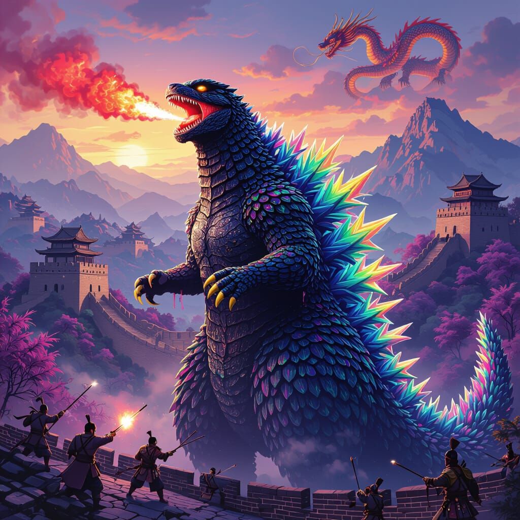 Rainbow Kaiju Attacks Great Wall in Dark Fantasy Style