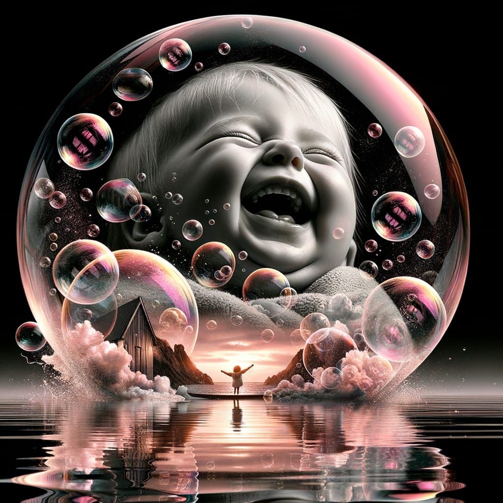 Laughing Baby with Bubbles: Surreal Digital Art