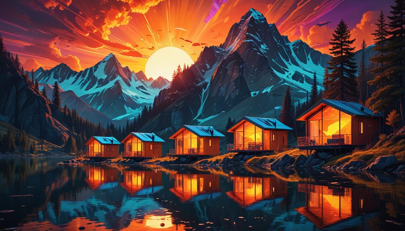 Retro Futuristic Mountain Lake Sunset Artwork