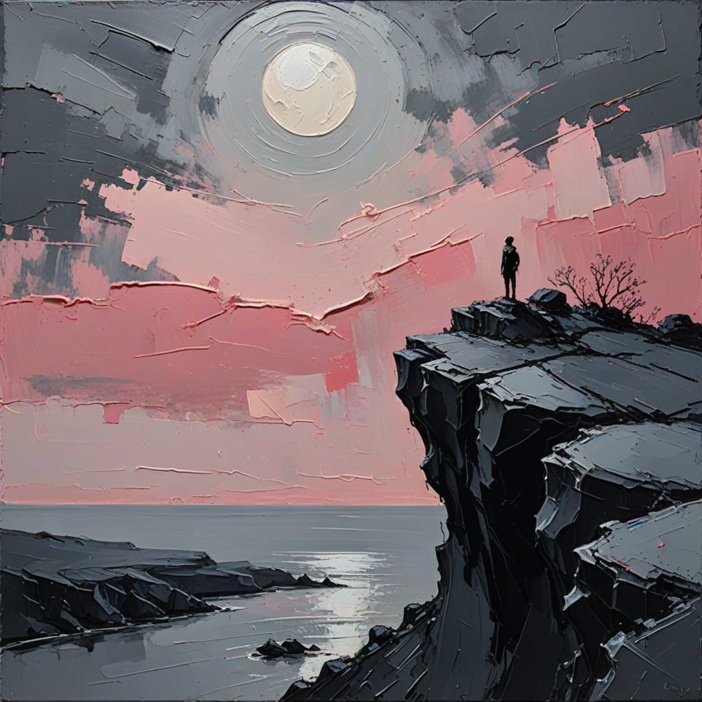 Abstract Silhouette Figure Under Moonlight, Impasto Painting