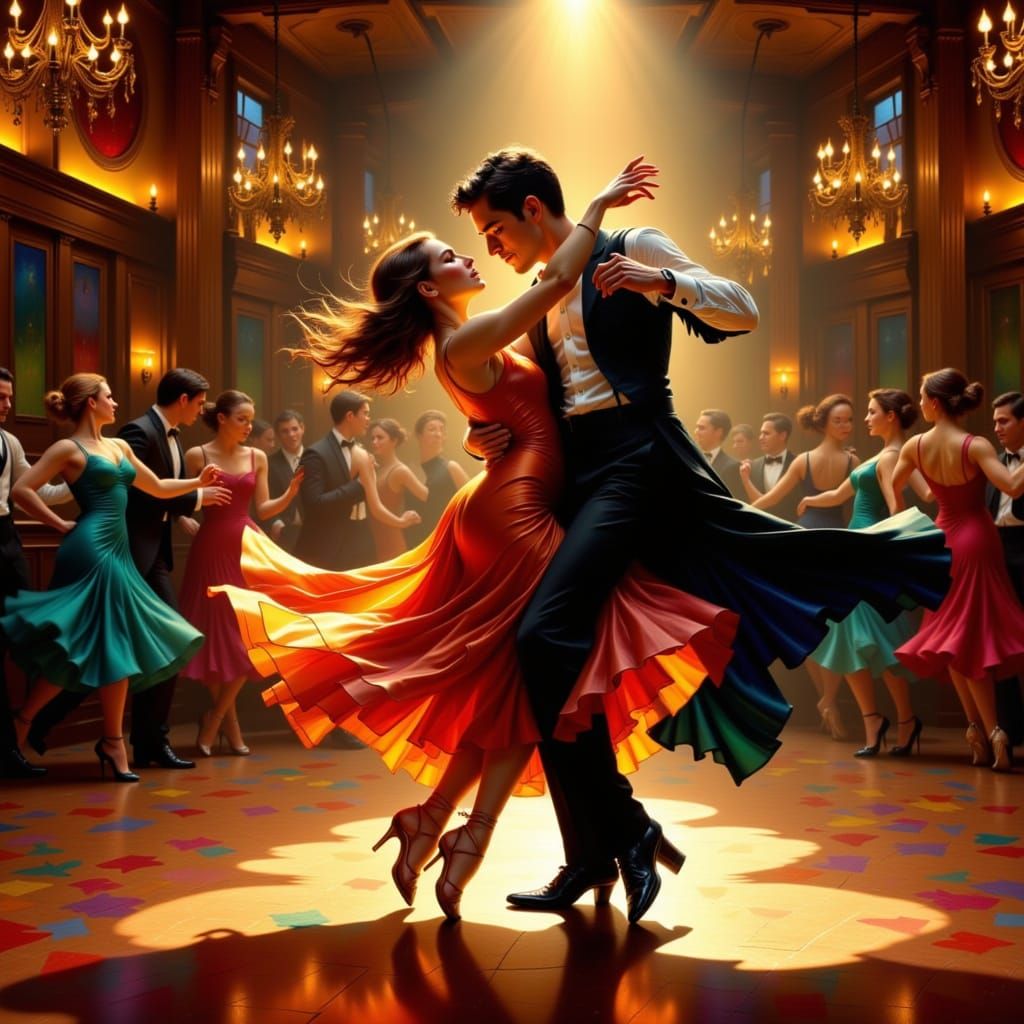 Dynamic Swing Dance Couple in Art Deco Ballroom