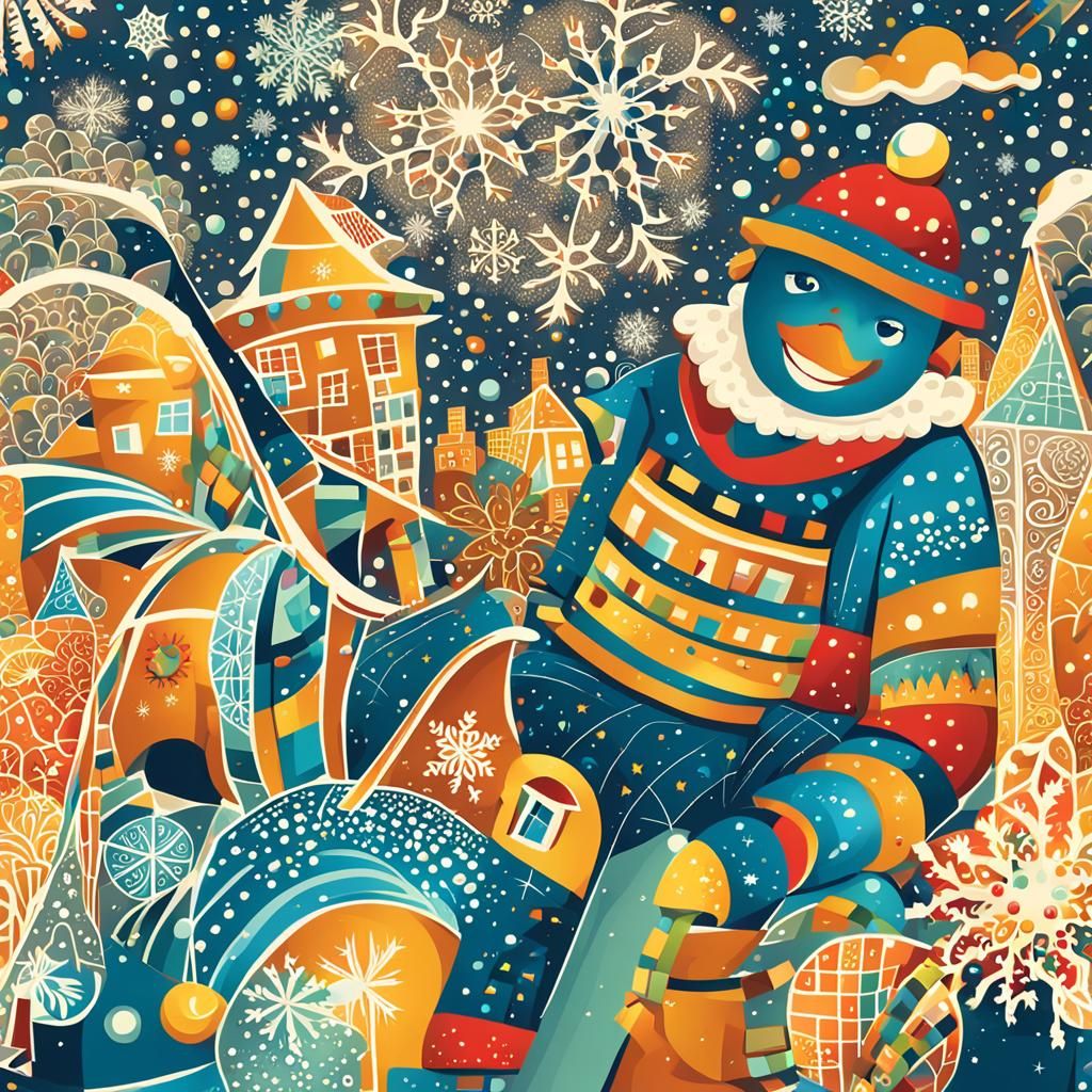 Festive Christmas Village with Stick Figures in Abstract Vec...