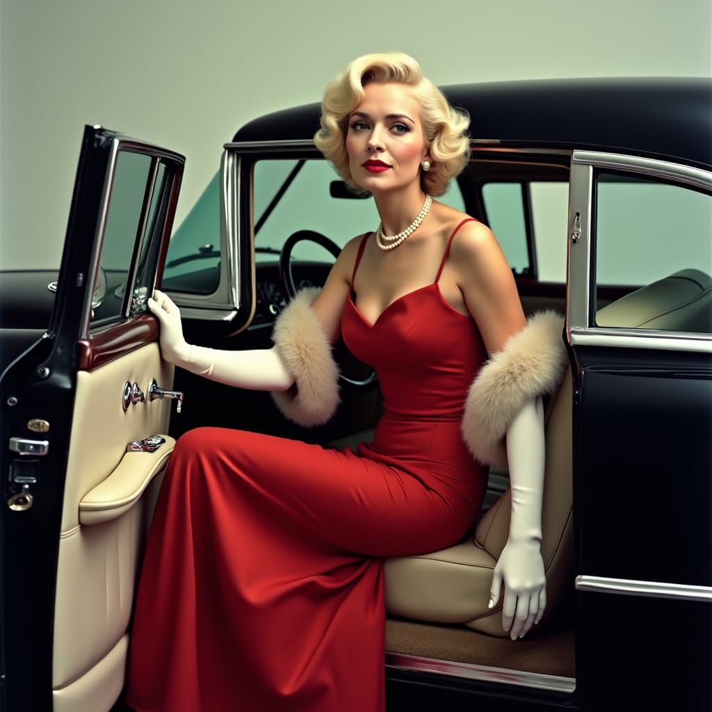 Glamorous Woman Exiting Car in Classic Hollywood Style