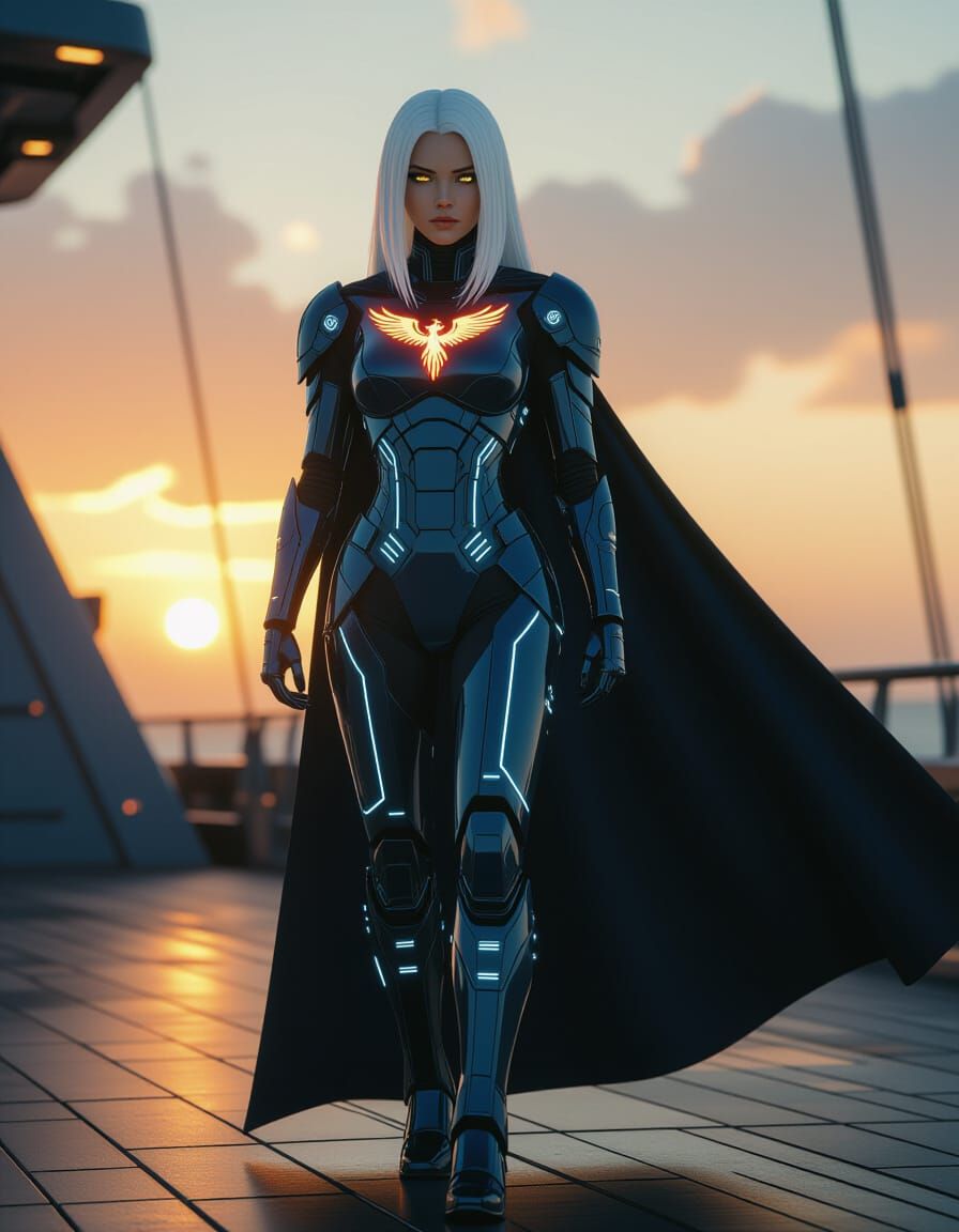 Sleek Robotic Heroine Eva in Cinematic Film Still