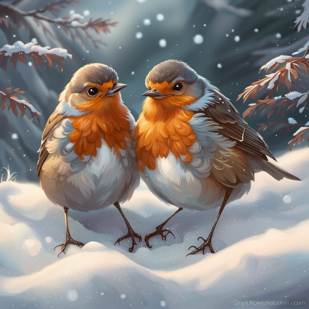 Robins Cuddle in Snow, Detailed Illustration