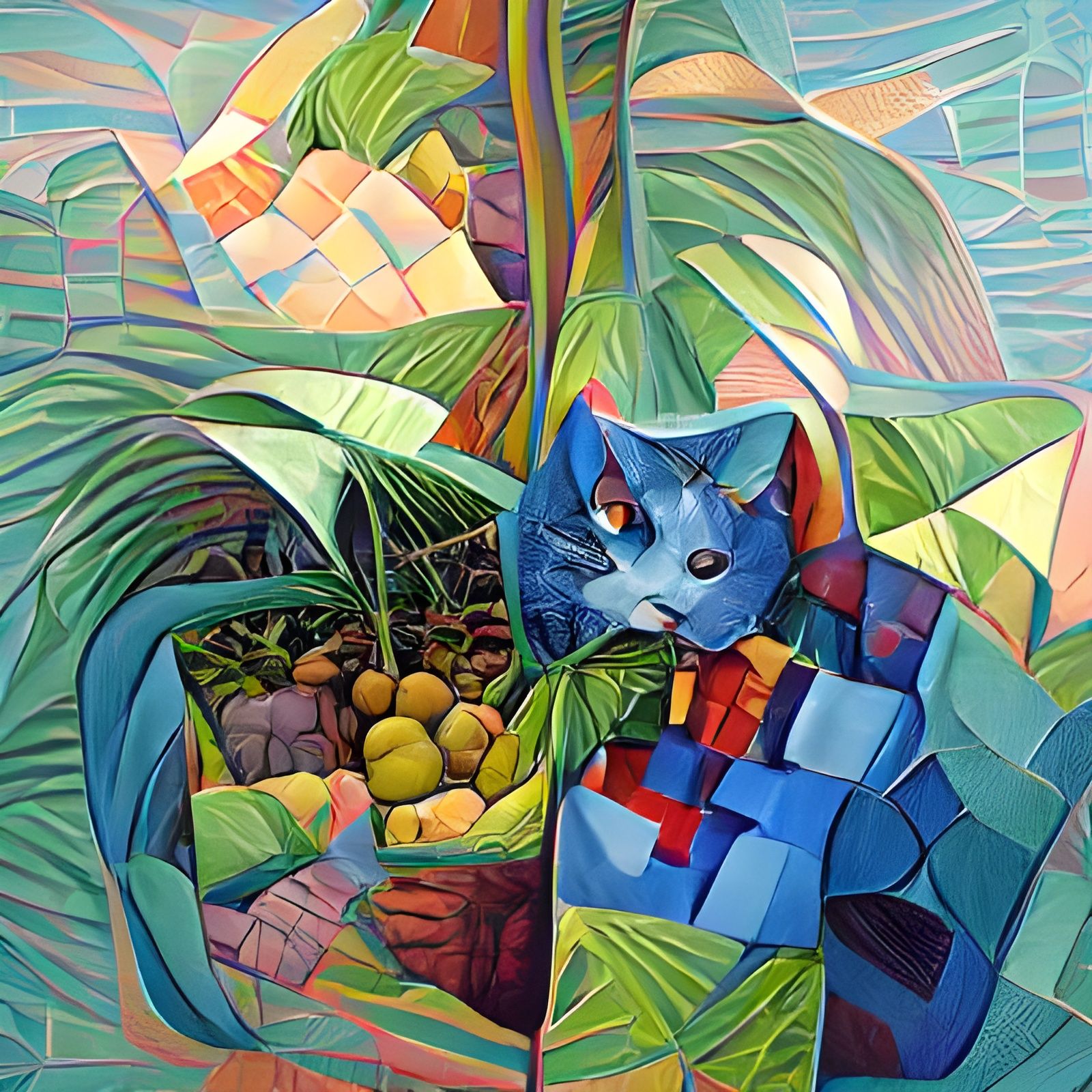 Blue Tropical Cat in Colorful Cubist Style