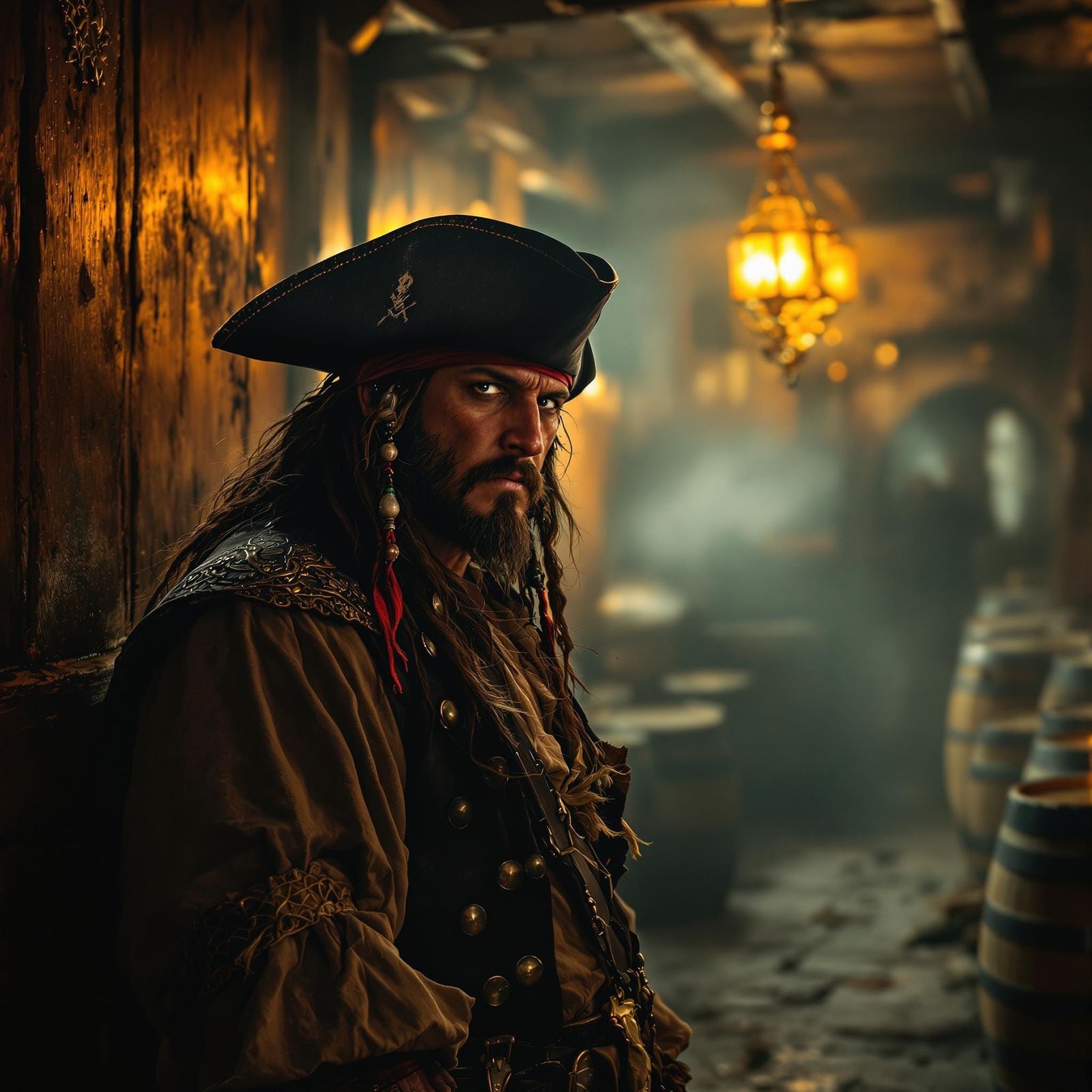 Swashbuckling Pirate in Smoky Tavern