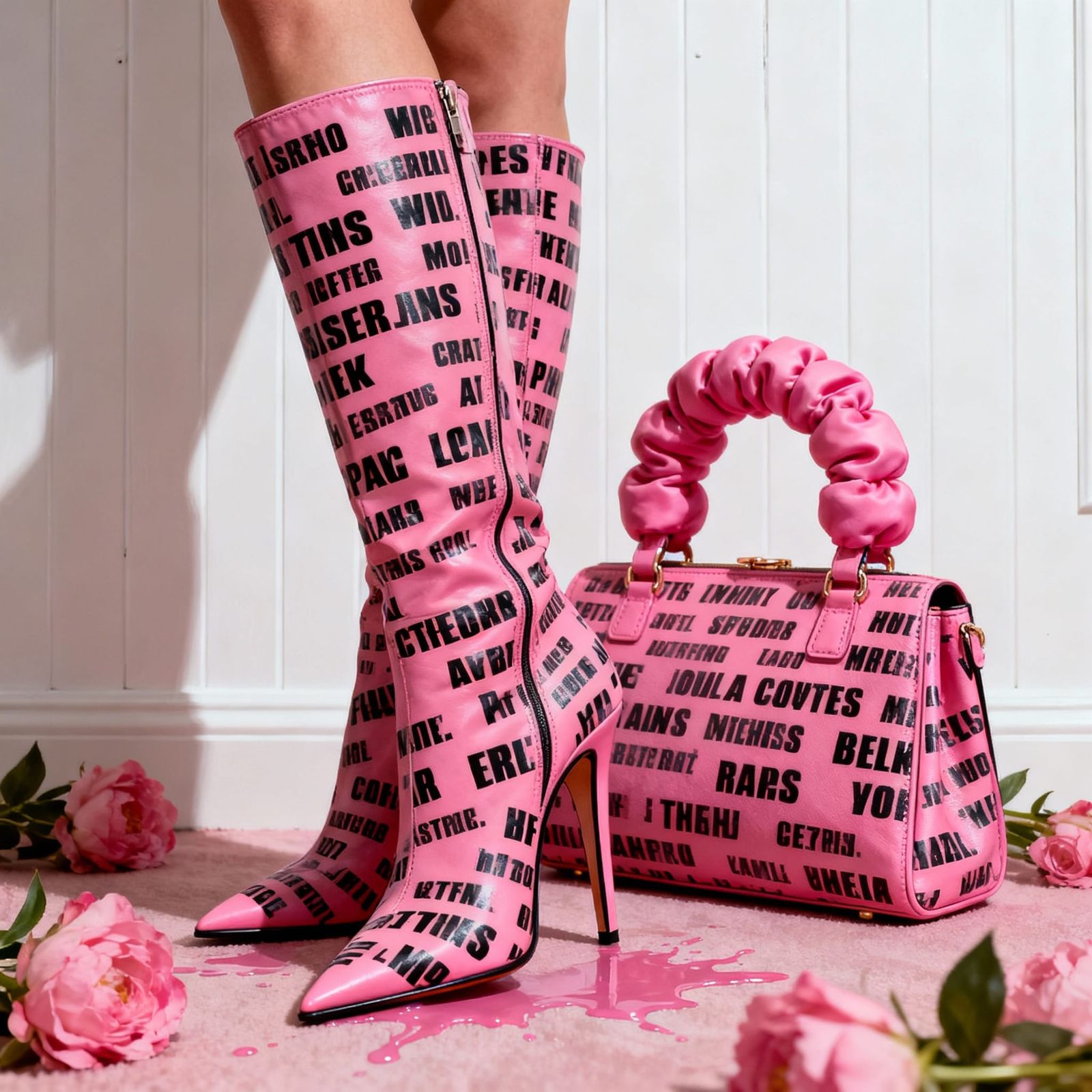 Pink Stiletto Boots & Purse with Flowers