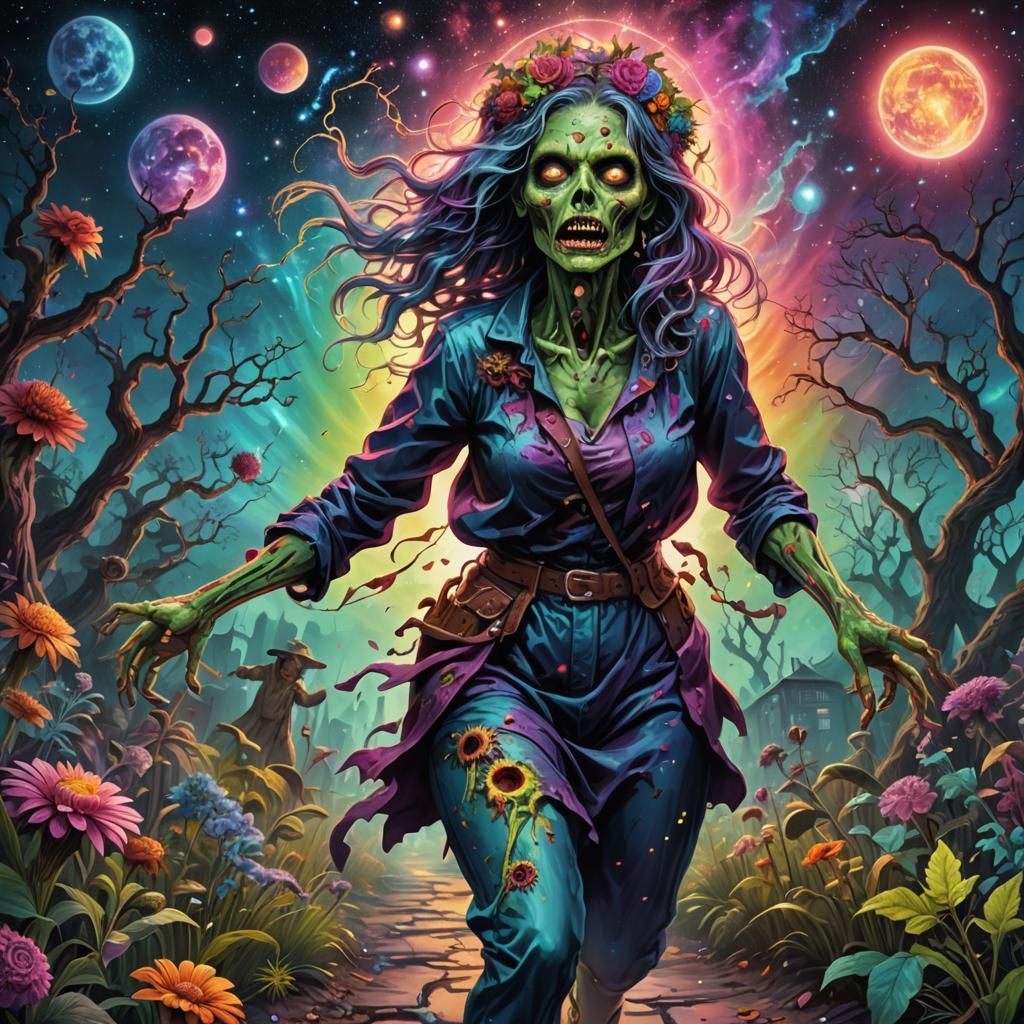 Zombie Woman Frolicking in Holographic Astral Art