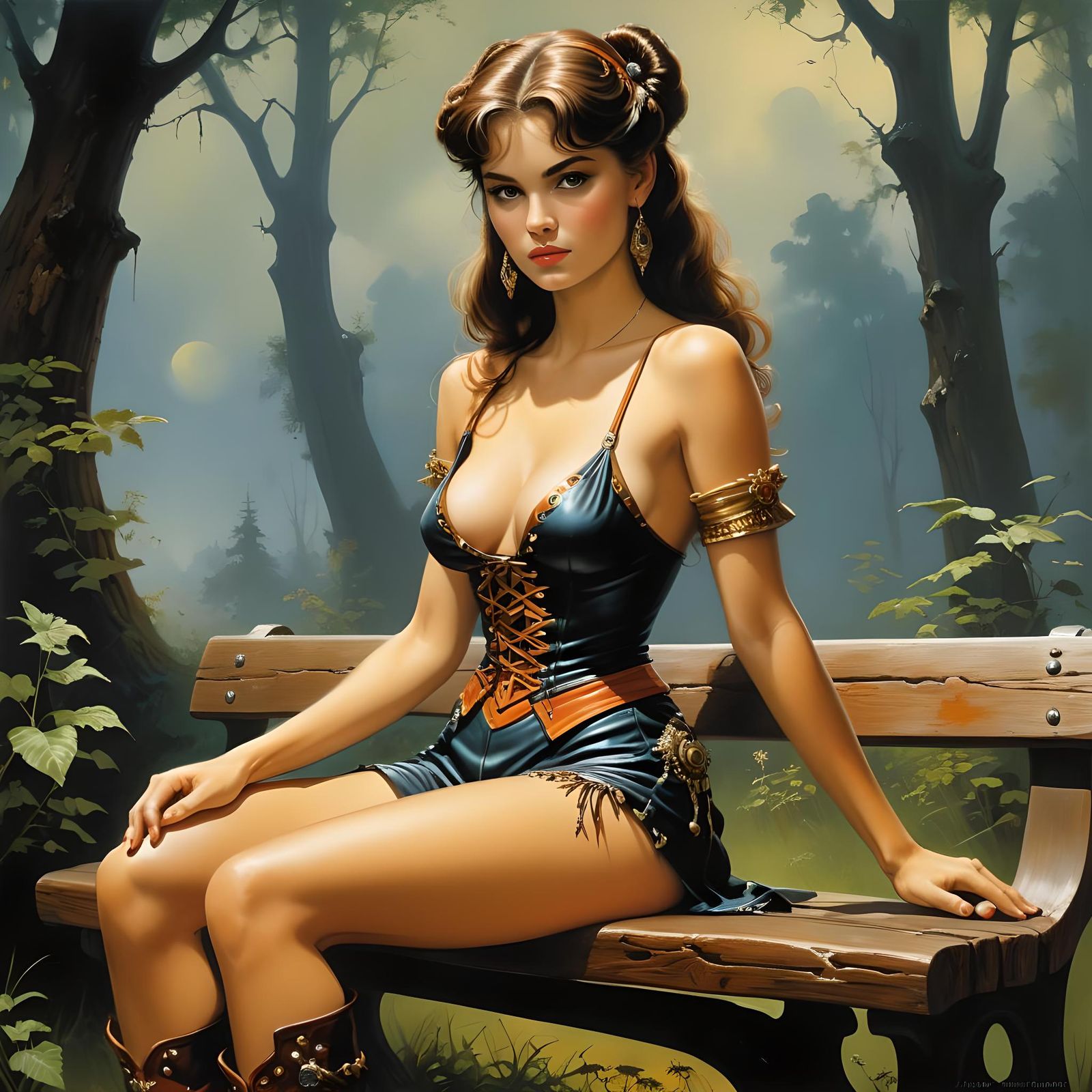 Beautiful Woman on Bench in Fantasy Art Style