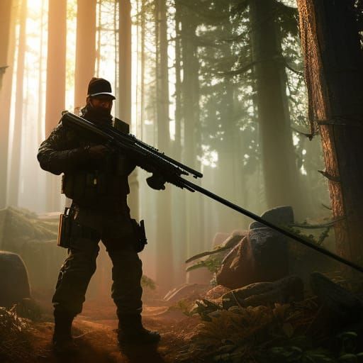 Hyperrealistic Sniper in Forest, Digital Art