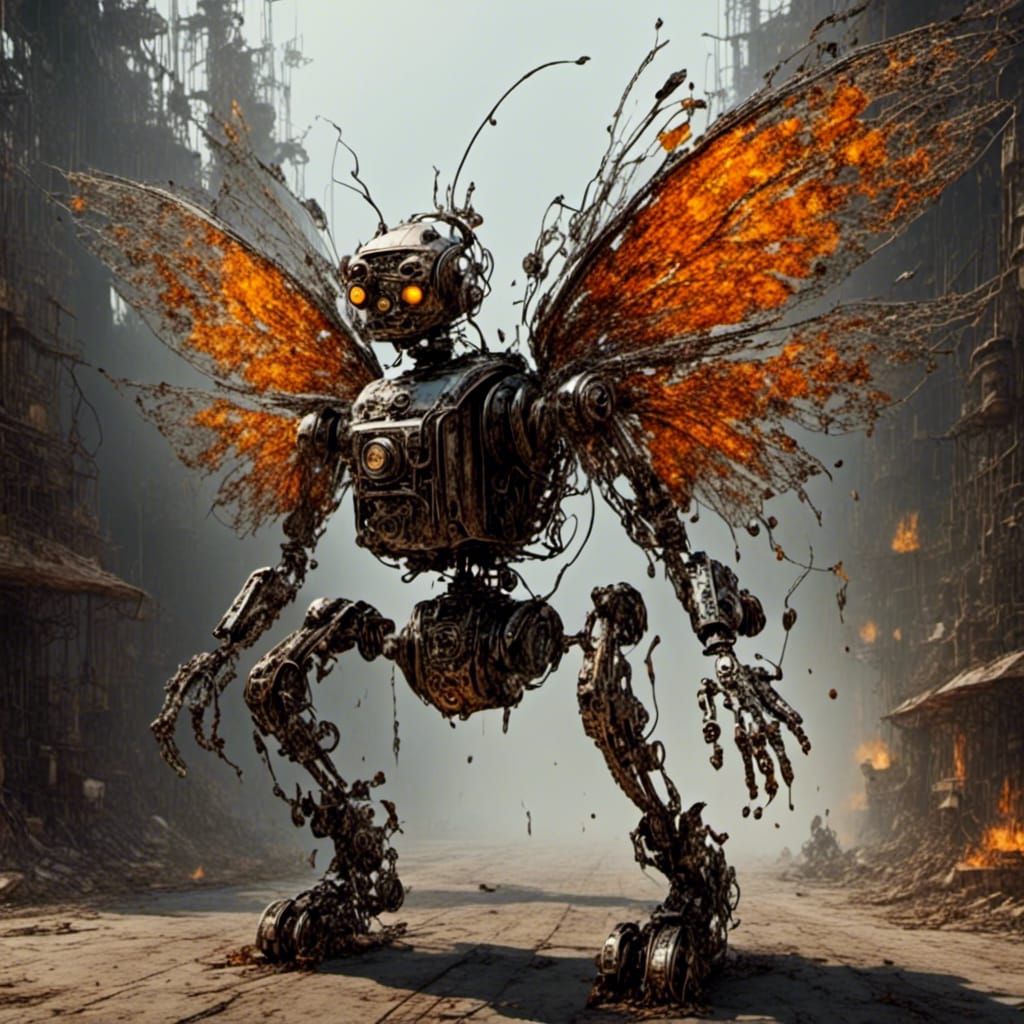 Steampunk Robot Fairy Soaring Above Junkyard