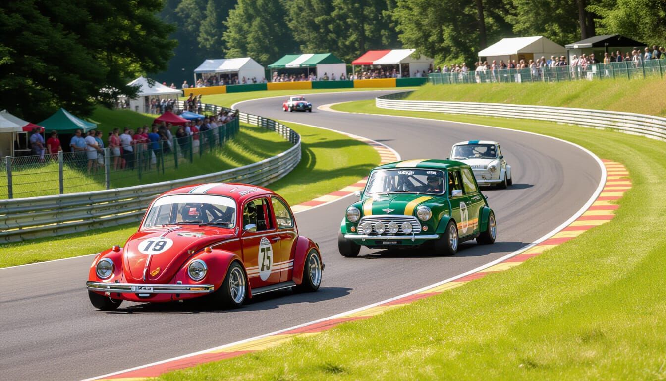 1970s Car Race: Beetle vs Mini Cooper in Expressionist Style