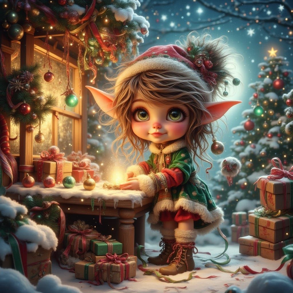 <lora:Bohemian Whimsy:1.0> cute adorable little Santa elf he...