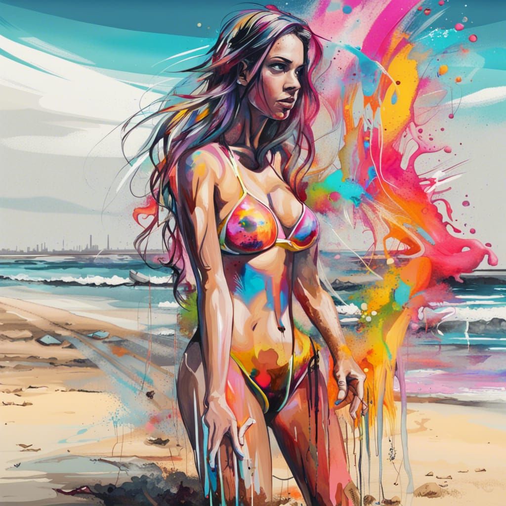 Beach Woman in Graffiti Splash Art Style