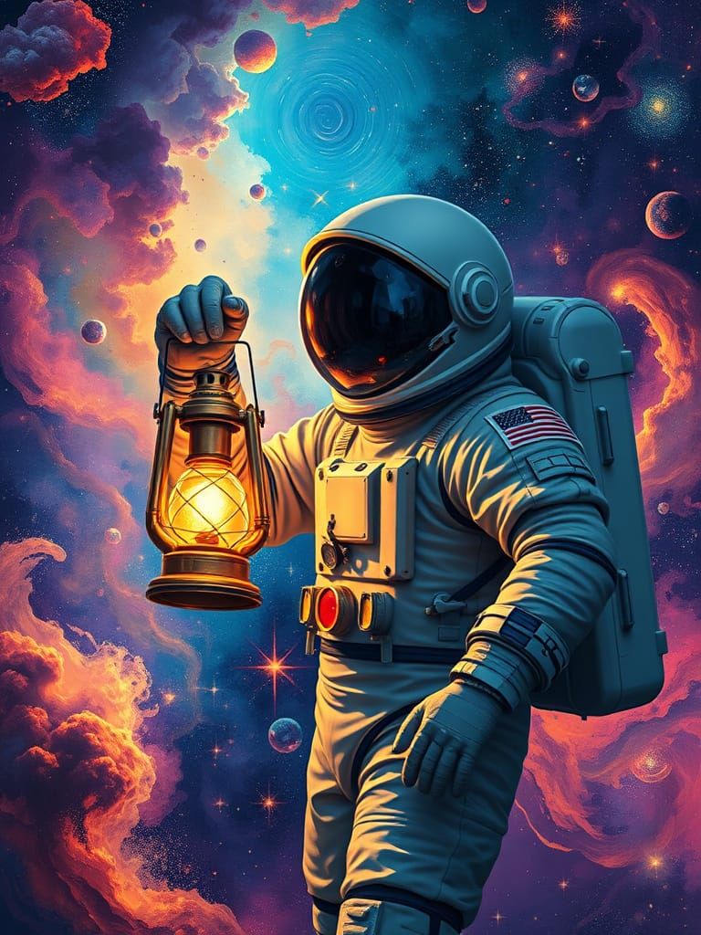 Astronaut with Celestial Lantern in Vibrant Nebula