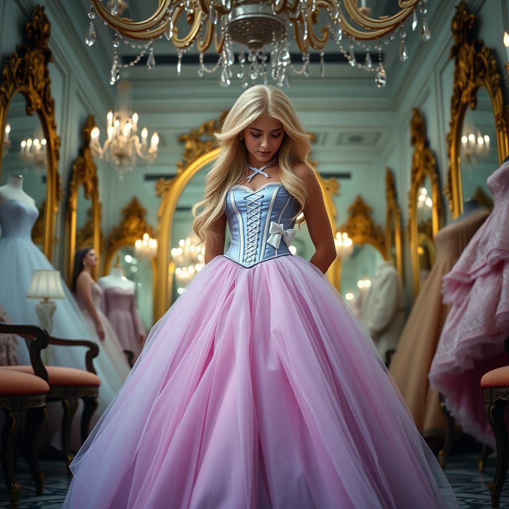 Boy in Quinceanera Gown Curtsies in Boutique