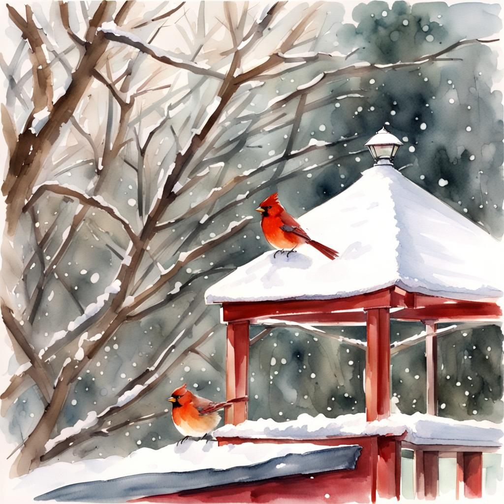 Watercolor Red Bird at Snowy Birdfeeder