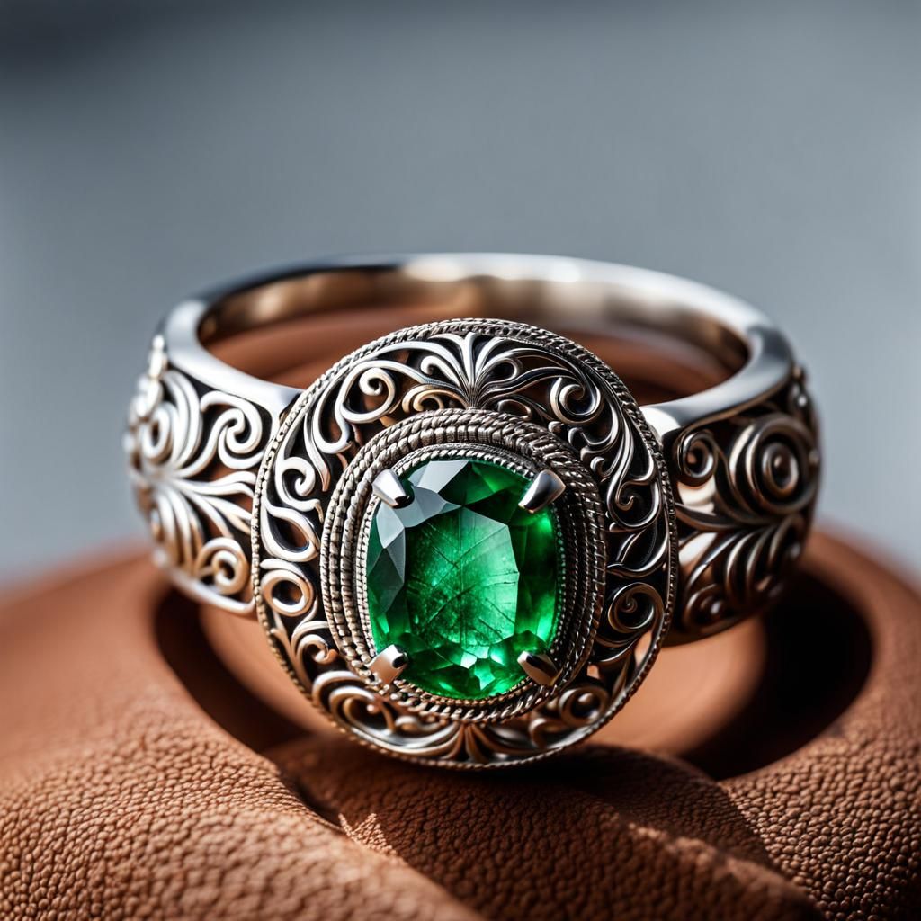 Ornate Emerald Jewel with Silver Rings