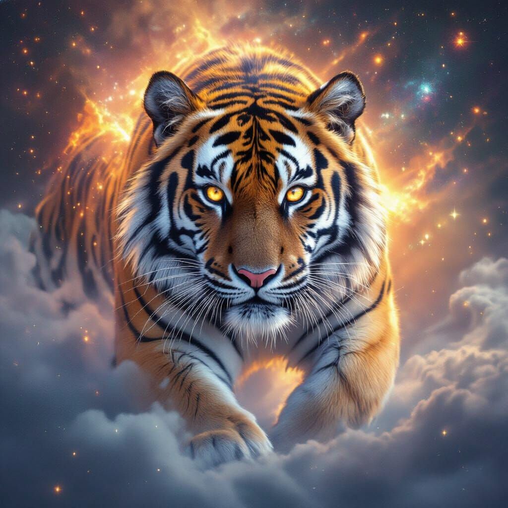 Bengal Tiger Emerges from Cosmic Nebula
