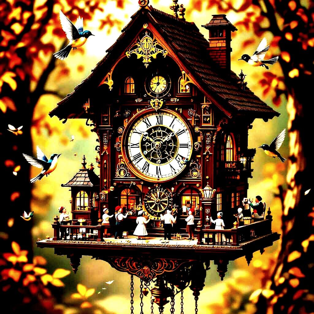 Miniature Kingdom Inside Cuckoo Clock in Art Deco Style