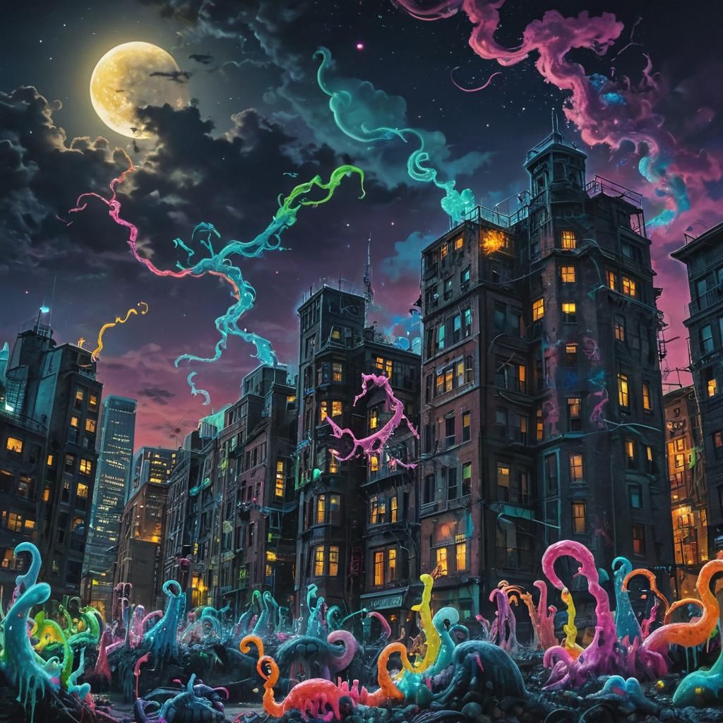 Bacteria Civilization Vandalizing Moonlit Cityscape: Surreal...